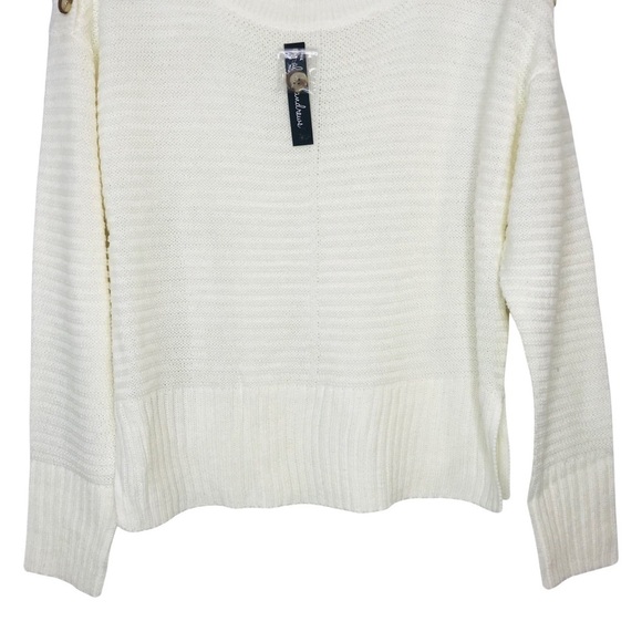 New! Ribbed Knit Boatneck Shoulder Buttons Split Hem Ivory Cream Sweater - Picture 5 of 11